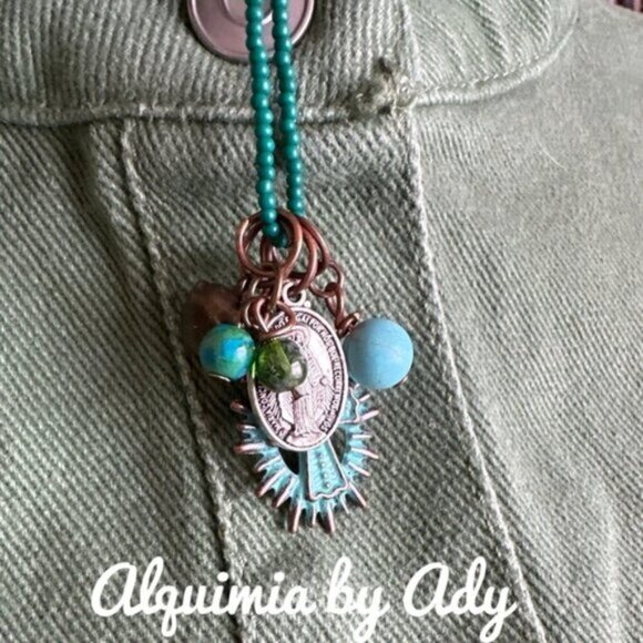 Virgen Mary Cross  Turquoise charms statement necklace - Picture 2 of 7